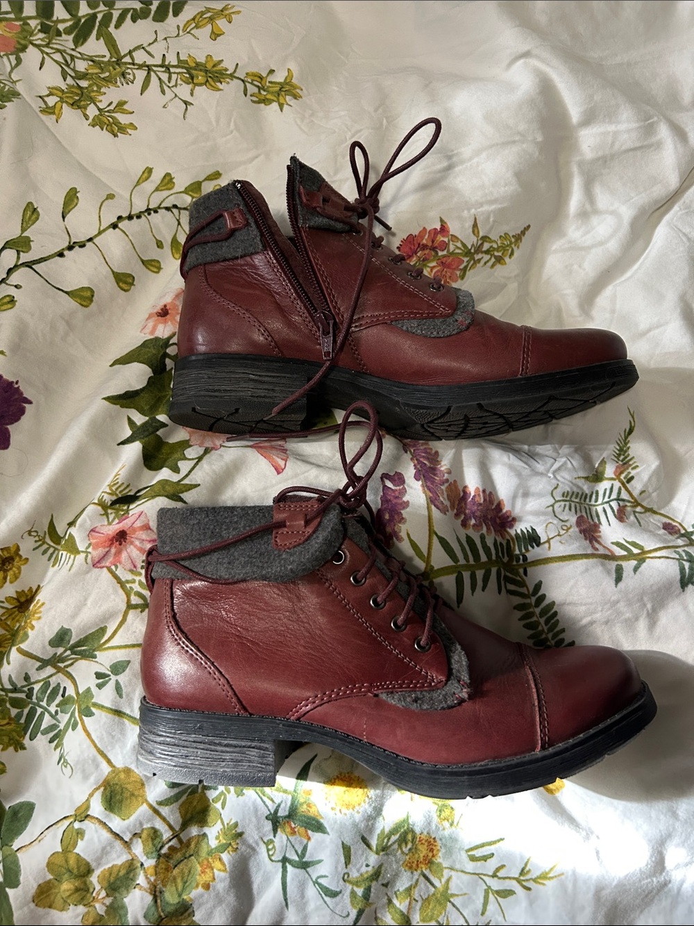 Romika Burgundy Leather Ankle Boots with Gray Trim